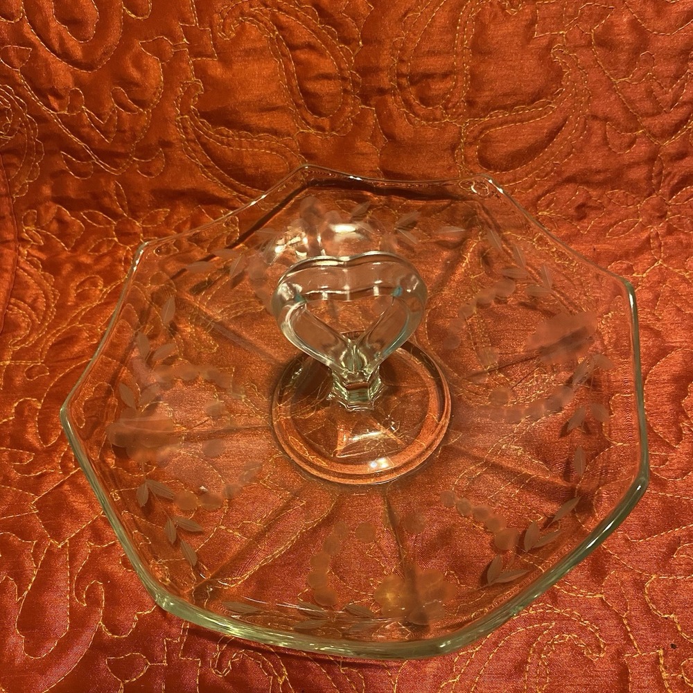 Tifton Oneida Serving Plate Vintage Center Handled 1927-1935 Etched Glass Floral